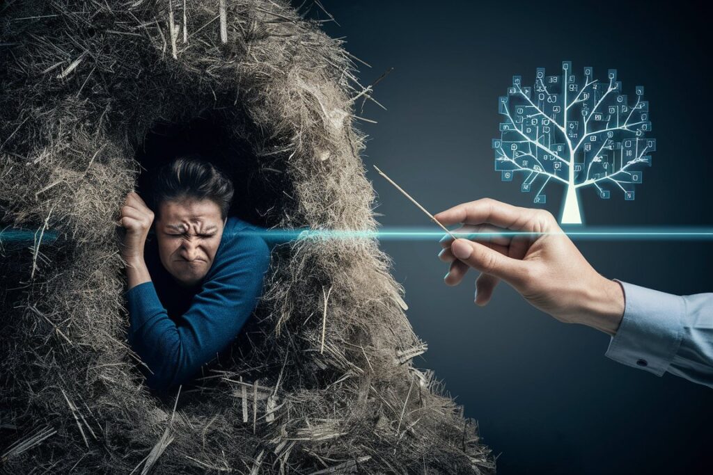 A person finding a needle in hay