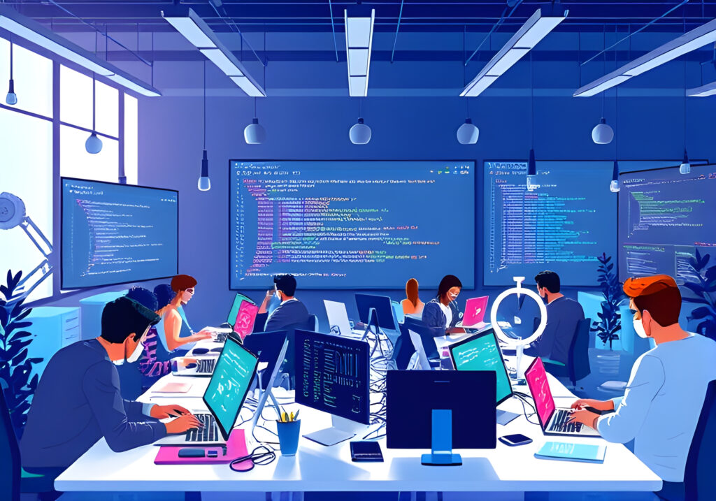 An inspiring hero image of a diverse group of developers working on various coding projects, surrounded by laptops, code screens, and creative tech tools in a modern workspace.